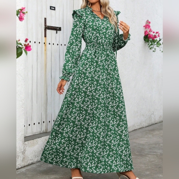 Women Fashionable Floral Print Long Sleeve V-Neck Dress